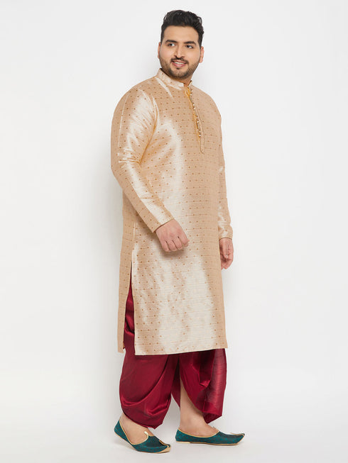 Vastramay Men's Plus Size Gold Zari Weaved Kurta Dhoti Set